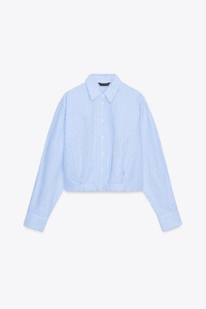 PLEATED WAIST STRIPED CROPPED OXFORD SHIRT (BLUE)