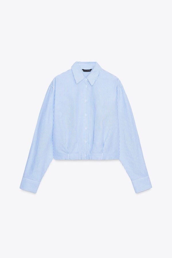 PLEATED WAIST STRIPED CROPPED OXFORD SHIRT (BLUE)